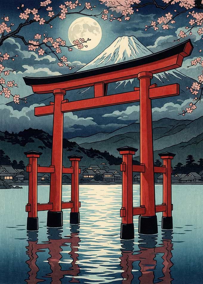 Torii Gate at Mount Fuji Under Moonlight