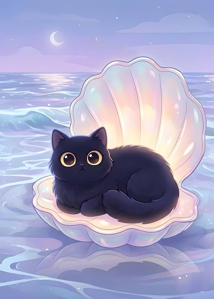Cute Black Cat in a Seashell