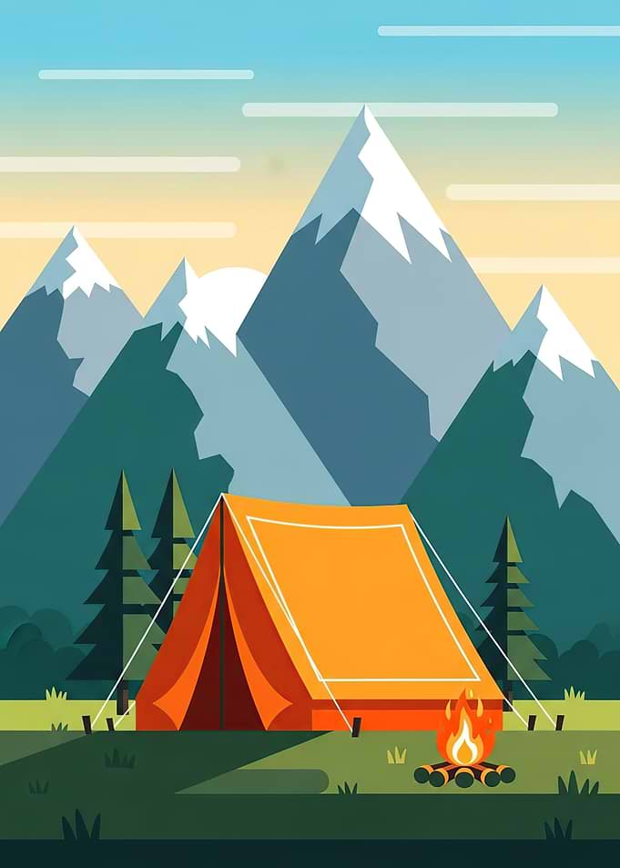 Camping scene with mountains and campfire