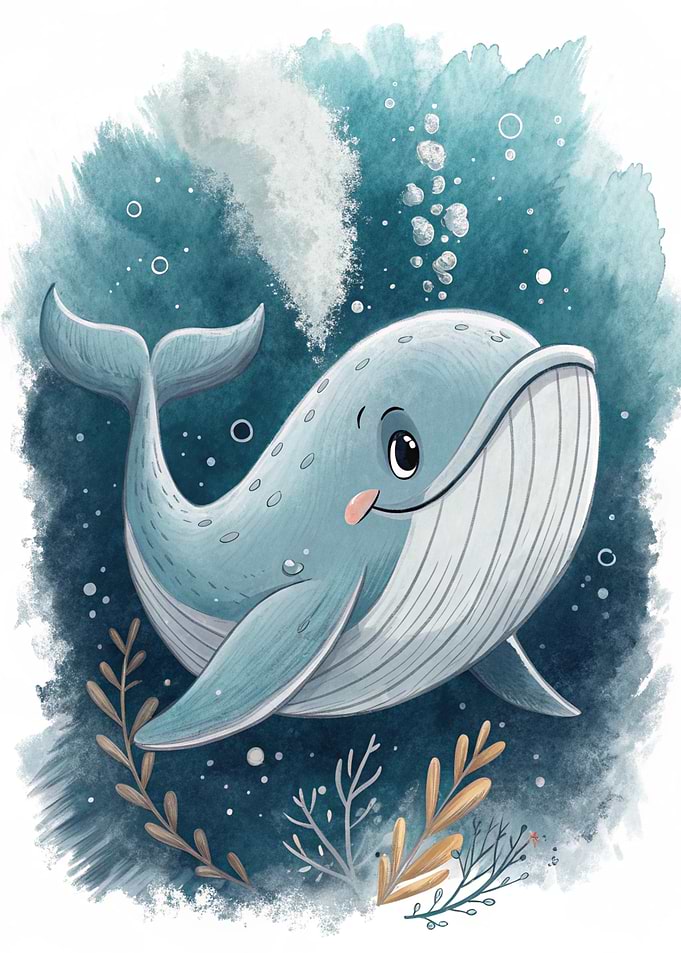 Cute cartoon whale blowing water
