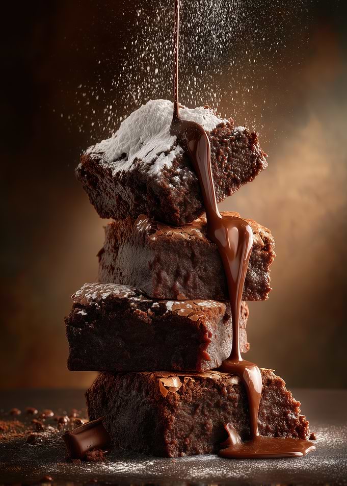 Chocolate Brownies with Powdered Sugar and Drizzle