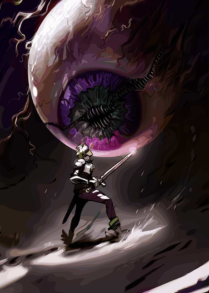 Warrior Battles Giant Eyeball Monster