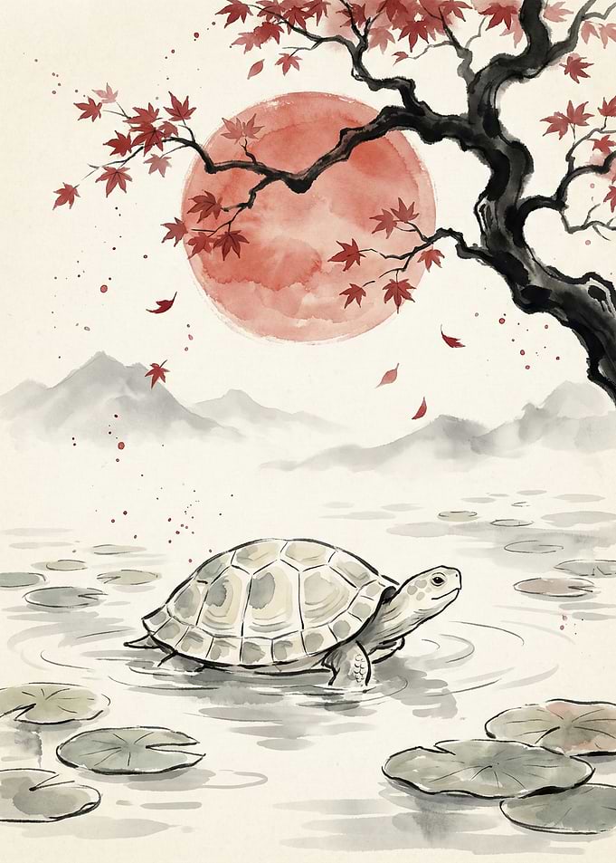 Turtle in Water Under Maple Tree