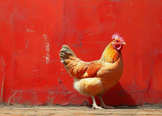 Chicken in front of red wall