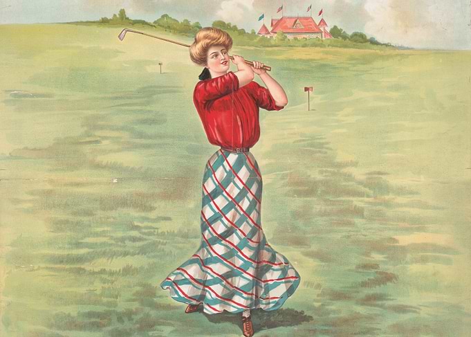 Woman playing golf in vintage attire