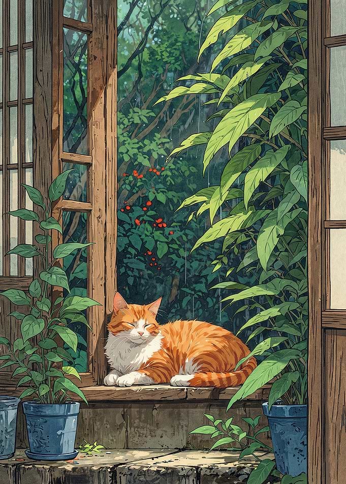 Cat Resting by a Rainy Window