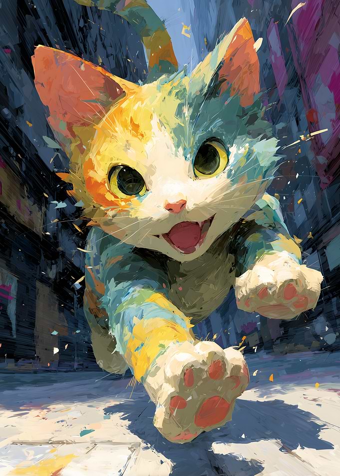 Playful Cat Running in City