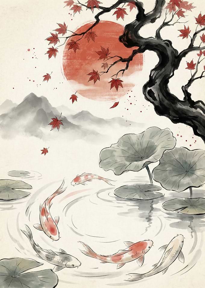 Koi Fish in a Pond with Maple Leaves