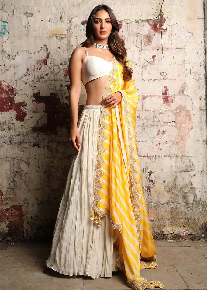 Kiara Advani in White and Yellow Lehenga