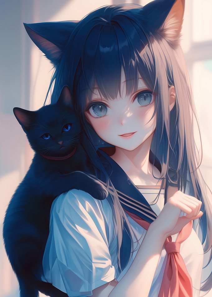 Anime Girl with Black Cat