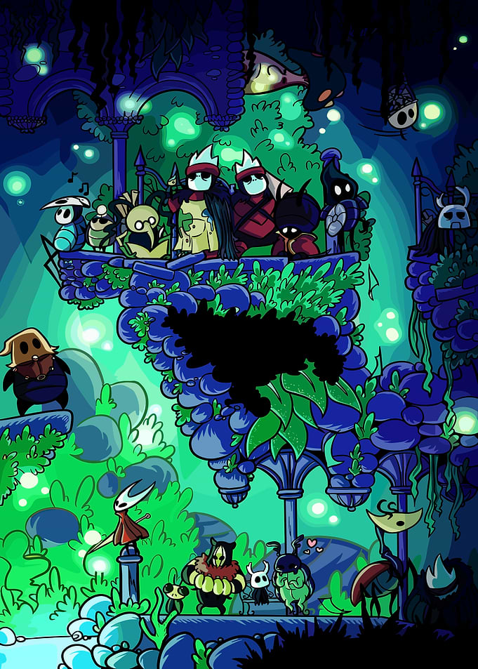Hollow Knight Characters in a Lush Garden