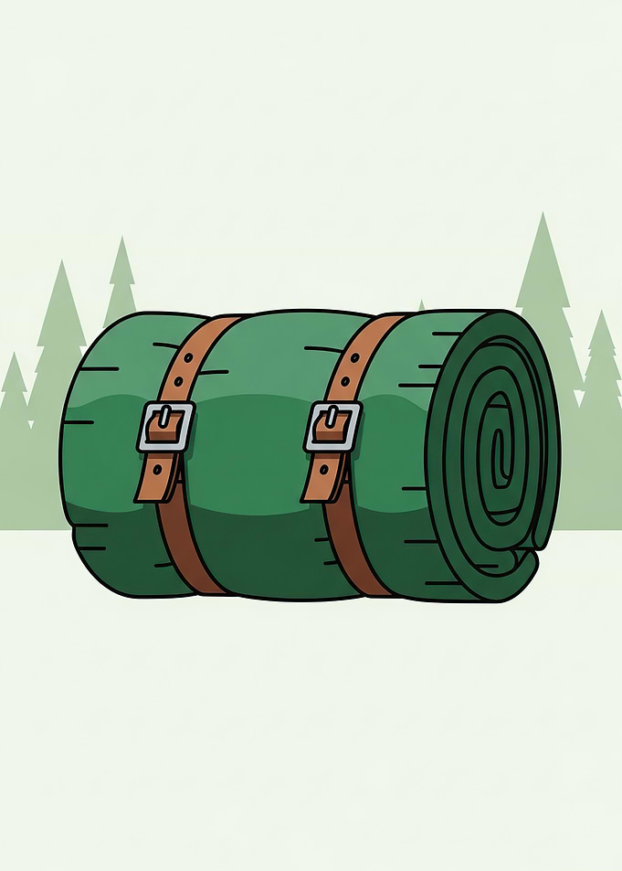 Rolled up green sleeping bag with straps