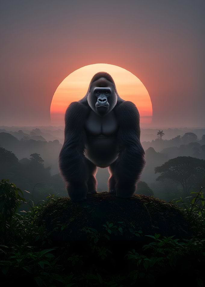 Gorilla in a Jungle Sunset
