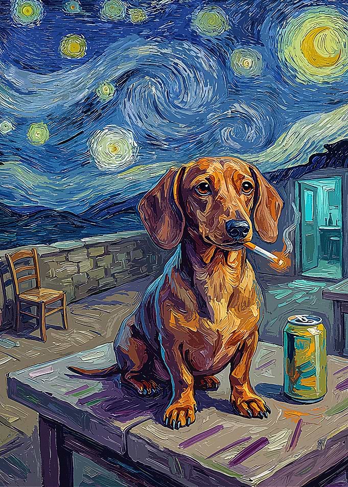 Dachshund Starry Night - Funny Smoking Dog Poster