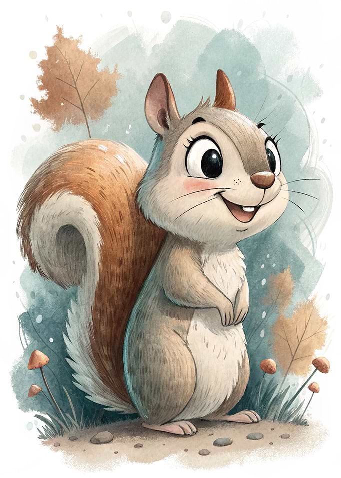Cute Cartoon Squirrel in Autumn