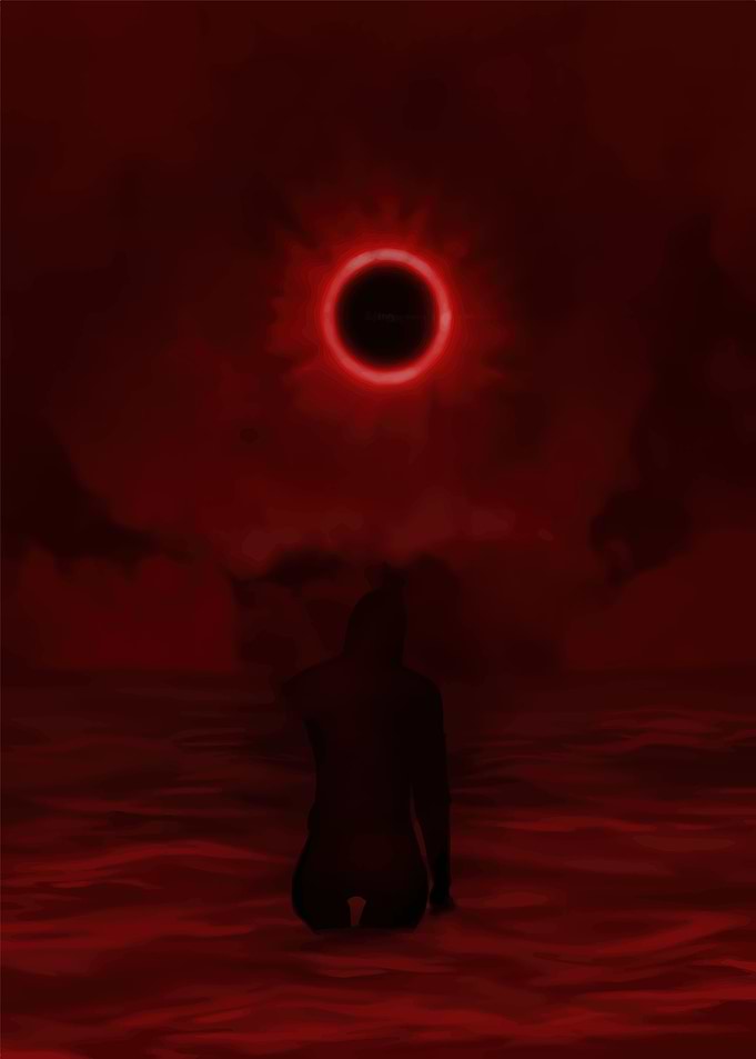 Figure Kneeling Under Red Eclipse