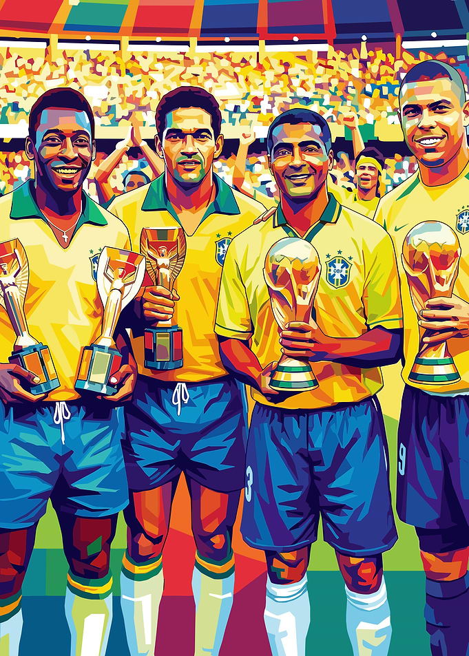 Brazilian Football Legends with World Cup Trophies