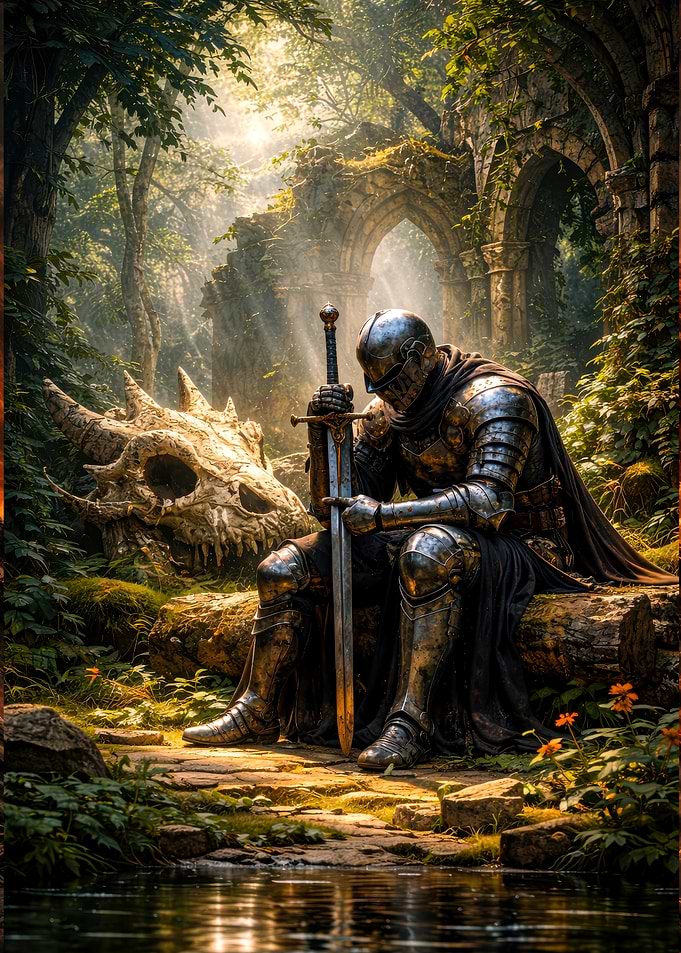 Knight Resting by Dragon Skull