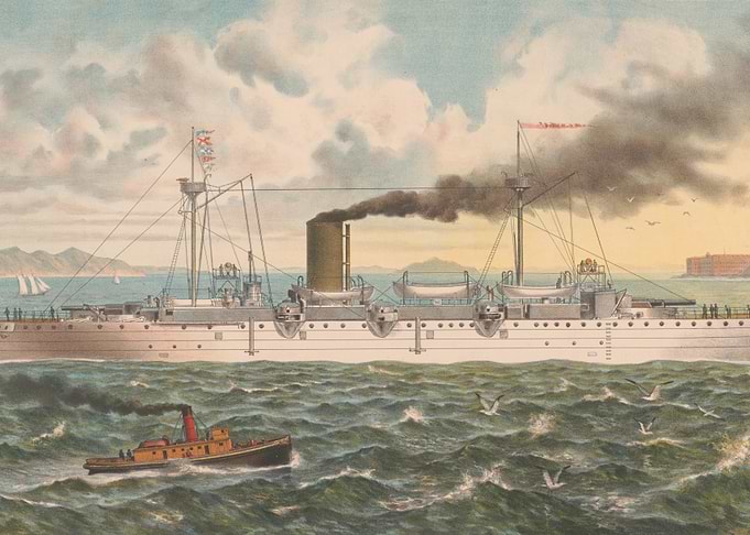 Vintage Warship and Tugboat Illustration