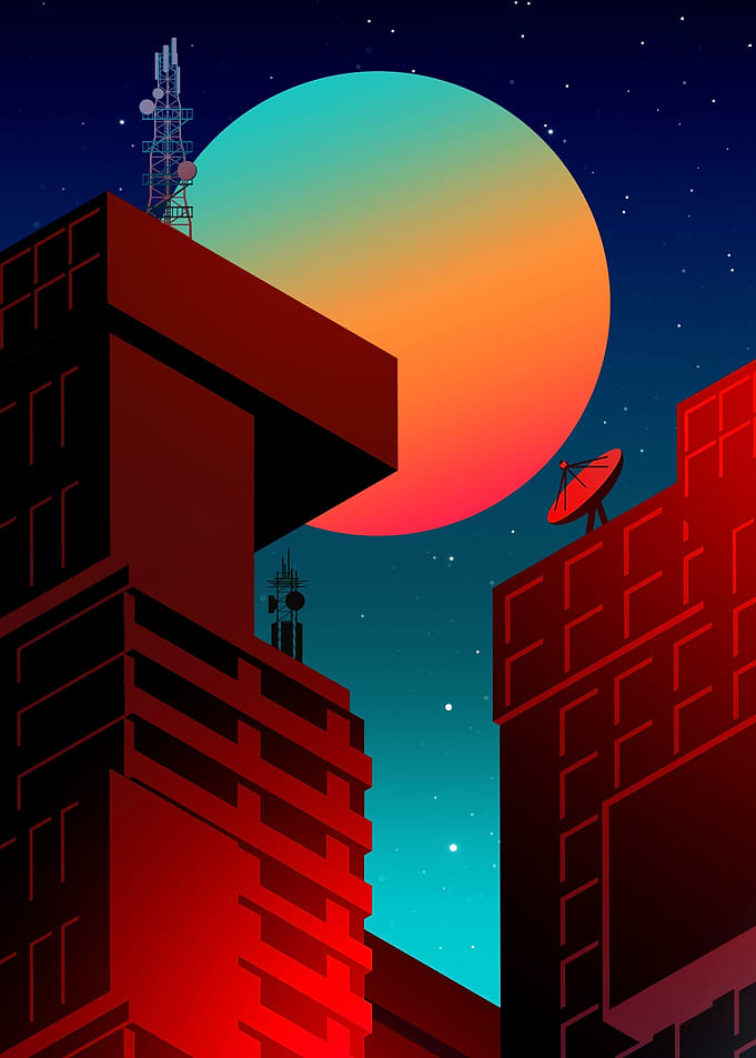 Retro Cityscape with Giant Moon