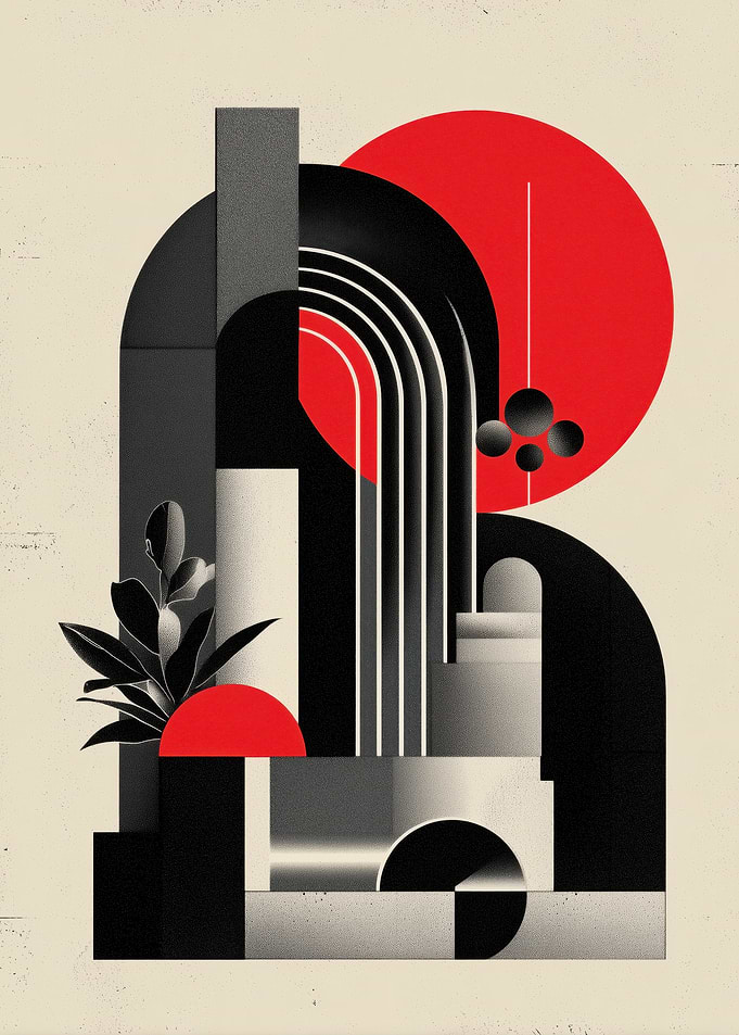 Abstract Geometric Composition with Red Accents
