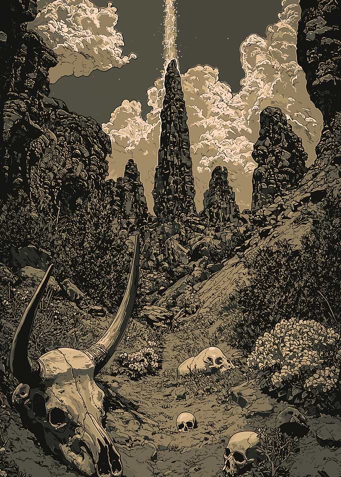 Desert Landscape with Skulls and Tall Rock Formations