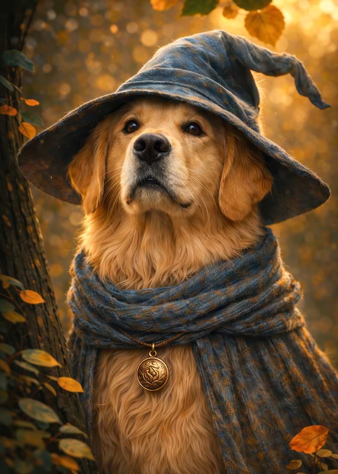 Golden Retriever Wizard in Autumn Forest