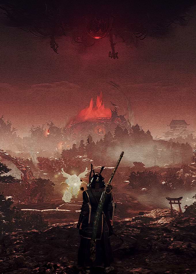 Samurai Warrior in a Fiery Landscape