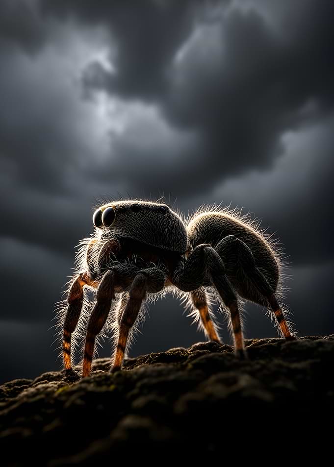 Jumping spider against stormy sky