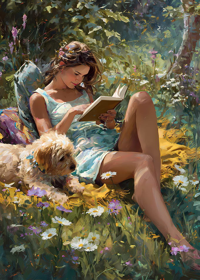 Woman Reading with Dog in Garden