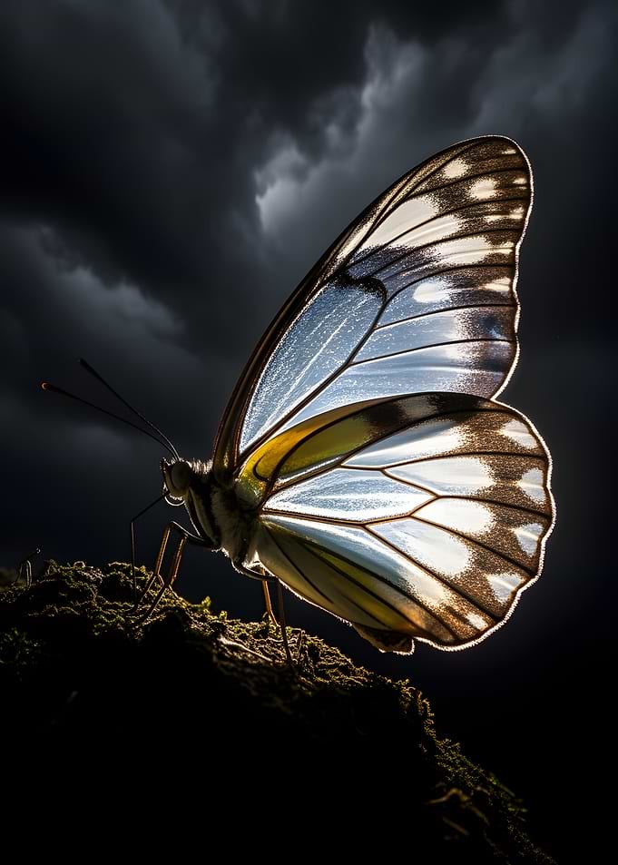Butterfly on mossy surface against dark sky