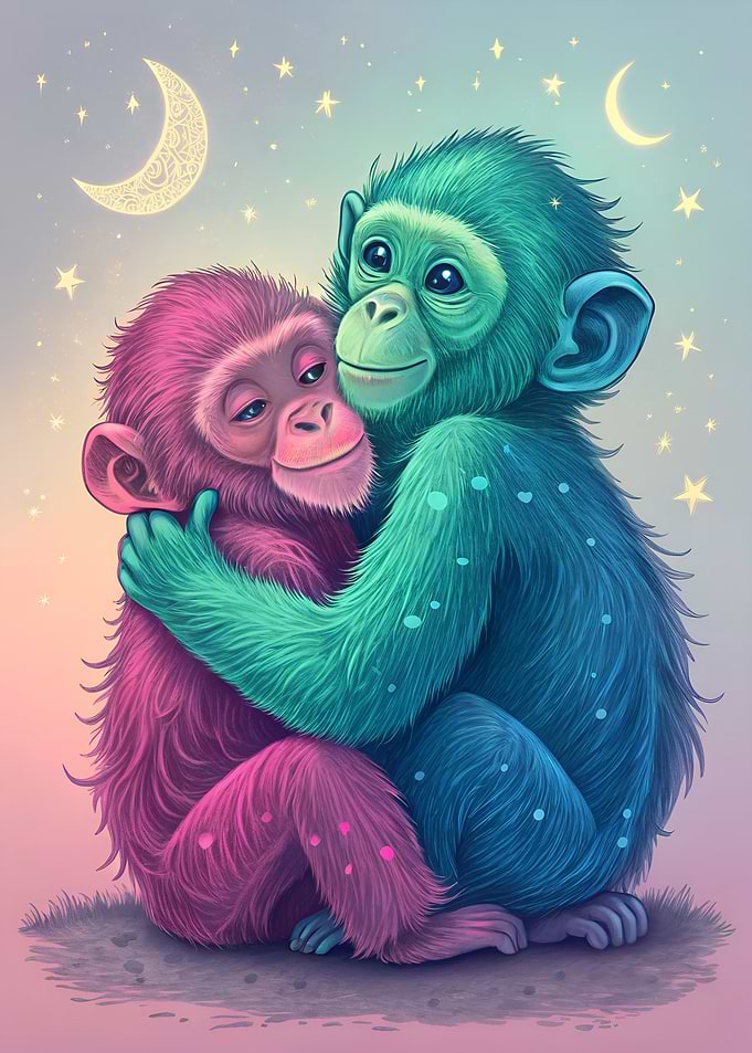 Two Monkeys Hugging Under the Moon