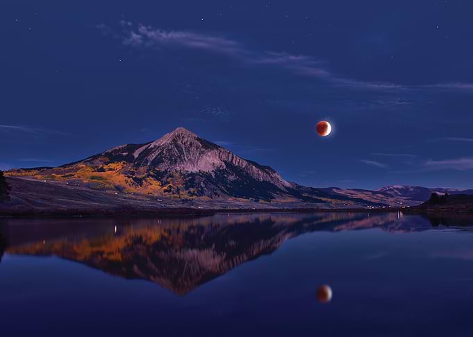 Lunar Eclipse Over Mountain Lake
