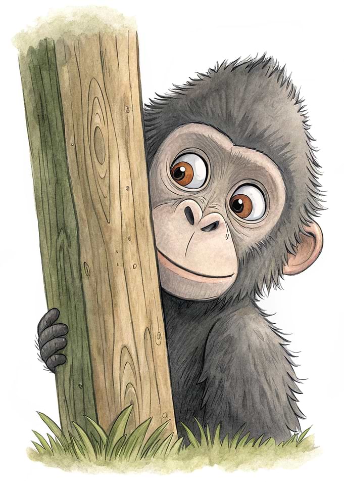 Cute baby gorilla peeking from behind a wooden post