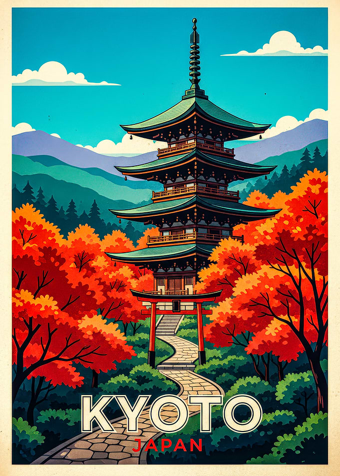 Kyoto Japan Pagoda Autumn Travel Poster