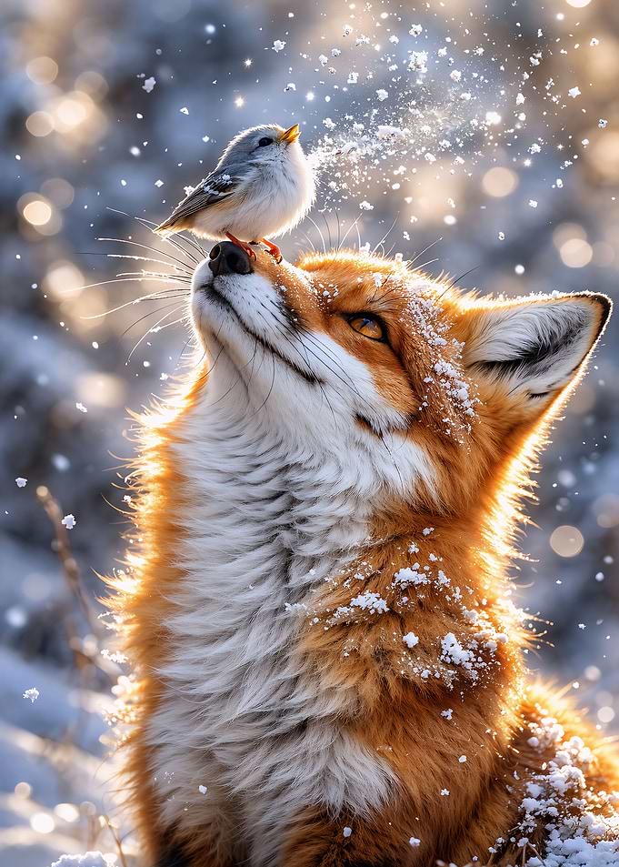 Fox and Bird in Snow