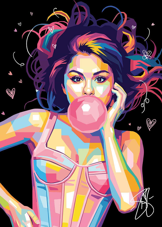 Selena Gomez blowing bubblegum
