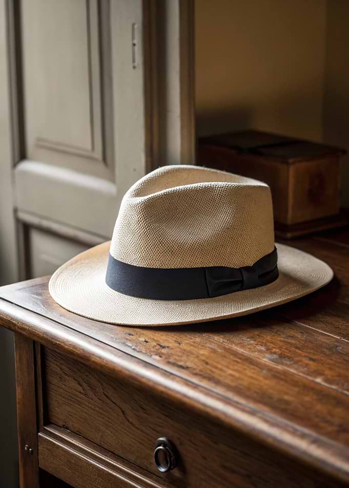 Straw Fedora Hat on Wooden Table