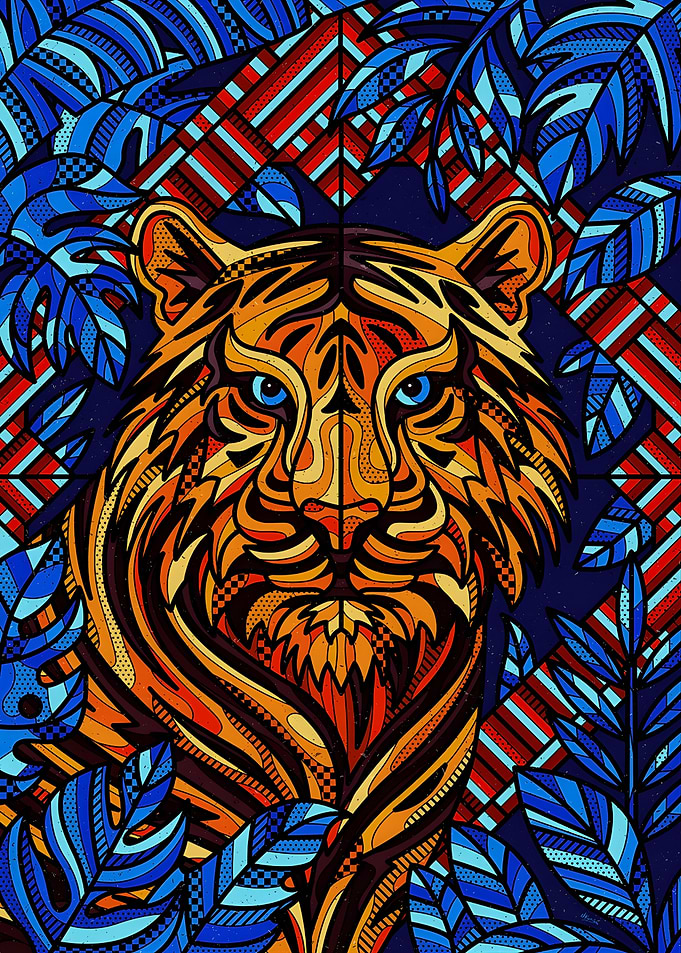 Stylized Tiger in Tropical Leaves