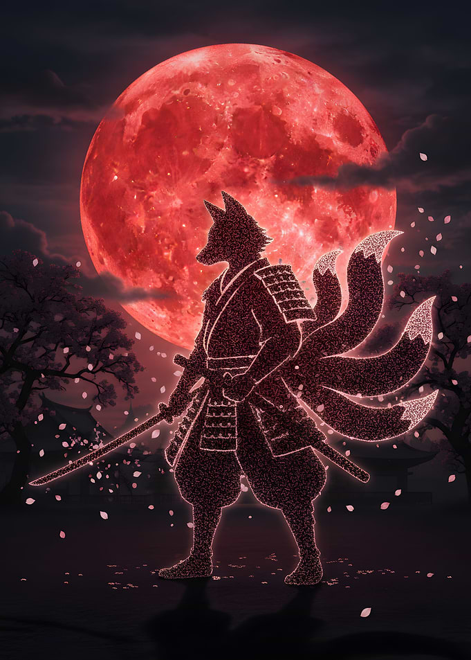 Kitsune Samurai Under Blood Moon