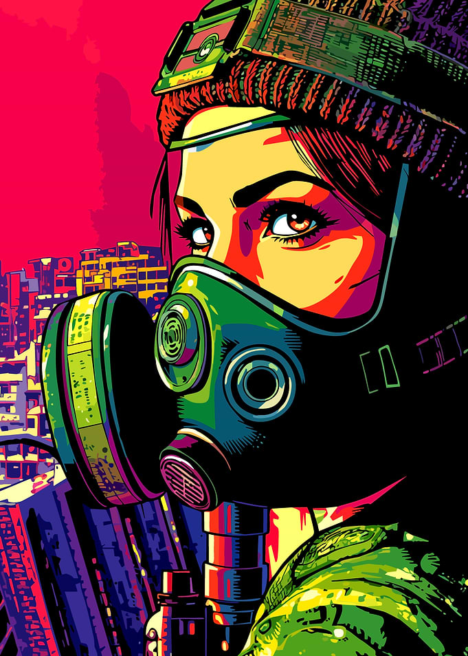 Woman in Gas Mask Over Cityscape