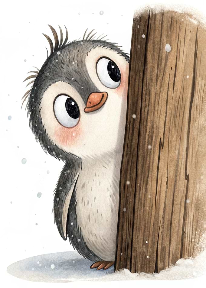 Cute Penguin Peeking Behind a Wooden Post