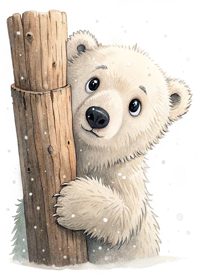 Cute Polar Bear Peeking Behind Log