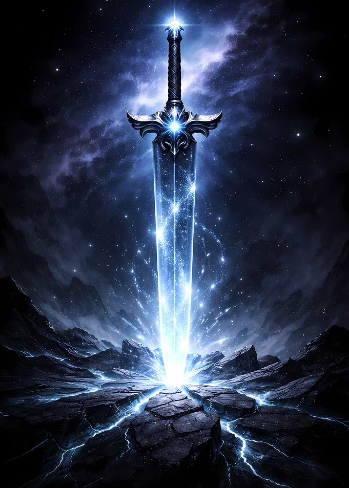Glowing Sword in Cosmic Landscape