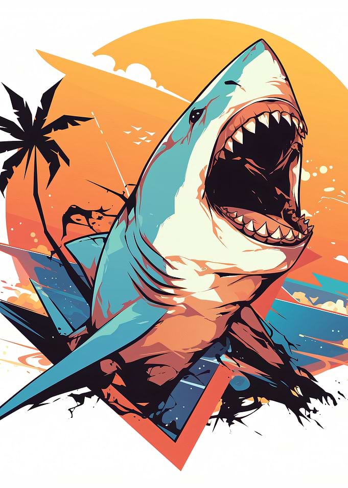 Aggressive Shark with Tropical Sunset