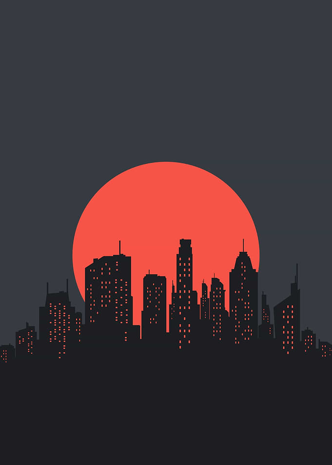 Cityscape at Sunset with Red Sun