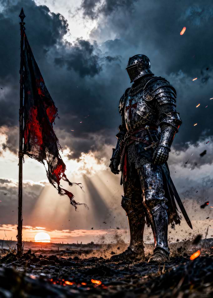 Knight Standing by Tattered Flag at Sunset