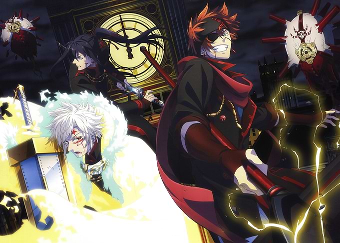 Anime characters in front of a clock tower