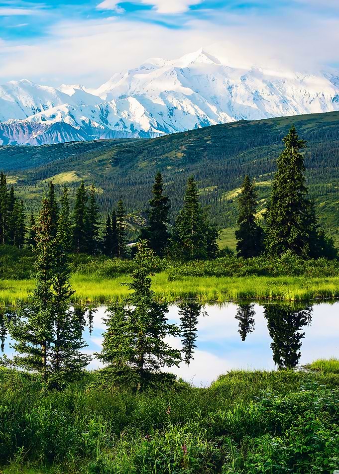 Snow-capped mountains reflected in a lake