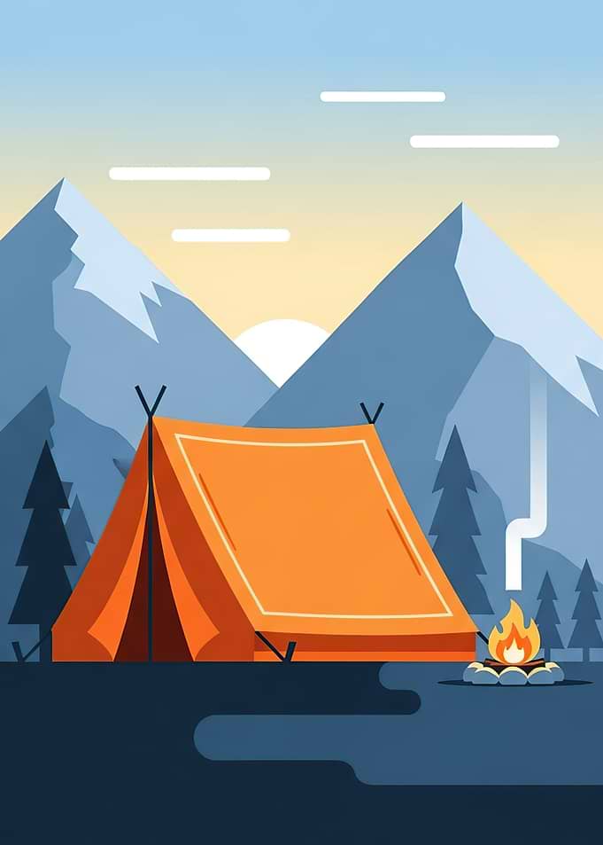 Camping scene with mountains and campfire